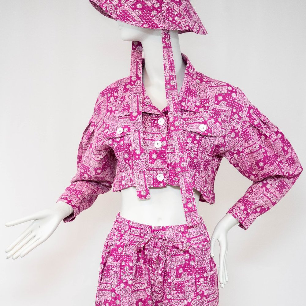Women's Three Piece Paisley Pink Pattern Crop Jacket and Loose Pants Handmade - Picture 10 of 11